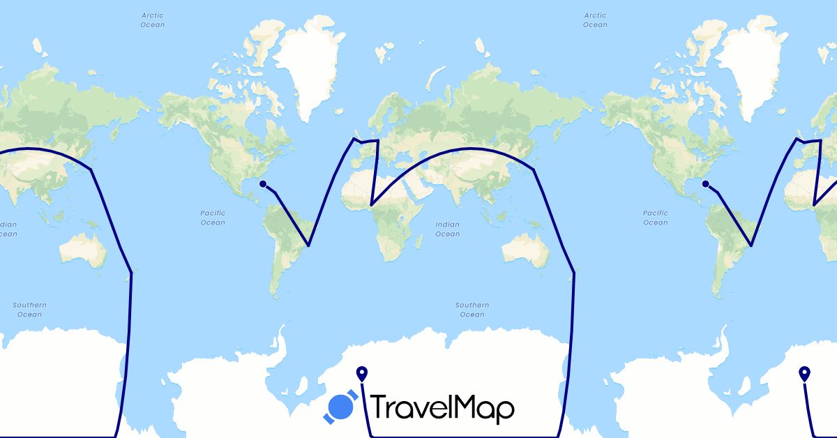 TravelMap itinerary: driving in Brazil, Germany, Dominican Republic, United Kingdom, Ireland, Italy, Japan, Nigeria, New Zealand, United States (Africa, Asia, Europe, North America, Oceania, South America)